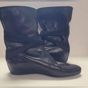 Stuart Weitzman Black Leather Ankle Wrap Wedge Boots